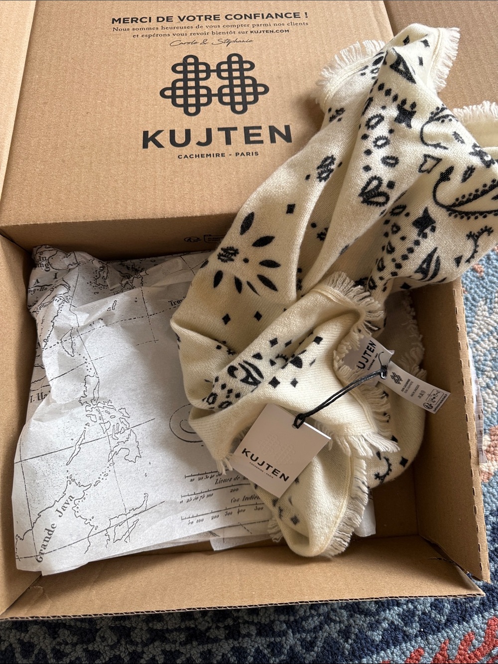 Kujten Cream and Black Cashmere Blend Scarf Wrap